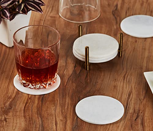 Queenza Marble Coasters for Drinks, Natural Stone Coasters Set for Coffee Table, Bar, Dining & Home Decor, Set of 6 Sleek 3.5-Inch, 5 mm Thick Tiles with Metal Holder, Polished from Both Sides