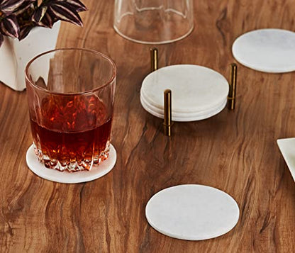 Queenza Marble Coasters for Drinks, Natural Stone Coasters Set for Coffee Table, Bar, Dining & Home Decor, Set of 6 Sleek 3.5-Inch, 5 mm Thick Tiles with Metal Holder, Polished from Both Sides