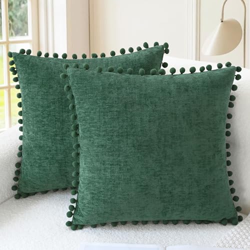 CaliTime Decorative Couch Throw Pillow Covers 16 X 16 Inches Dark Green | Pack of 2, Cozy Chenille Cushion Cases, with Pom Poms for Sofa Bed Living Room Farmhouse Home - color: Dark Green, size: 16" x 16" (Pack of 2)