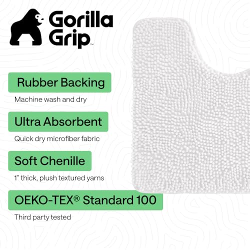 GORILLA GRIP Bathroom Rug Sets 3 Piece, Bath Mat Set and Oval Toilet Base with Rubber Backing, Plush Absorbent Shaggy Chenille Washable Mats, Includes 24x19.5, 24x17 and 30x20 Inch Rugs, White - color: White, style: 24"x19.5" + 24"x17" + 30"x20" - 3 Pack