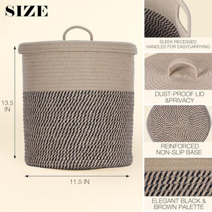 Yimi's Dream Cotton Rope Storage Basket with Lid, Brown & Black Soft Bin | Round Woven Lidded Basket for Blankets, Toys, Laundry, Nursery, Living Room, and Home Organization(11.5''D * 13.5''H) - color: 1 PACK-Brown&Black-LIDDED