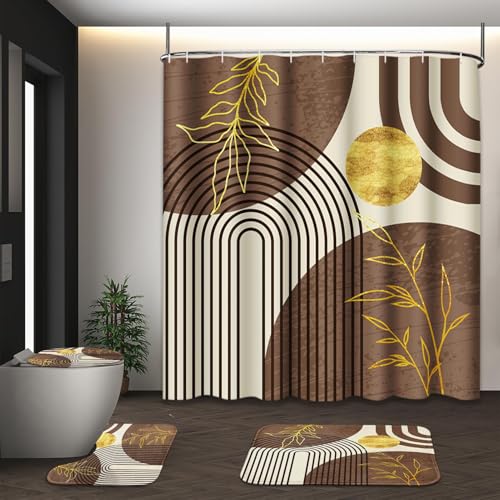 Bathroom Sets with Shower Curtain and Rugs, 4 Pcs, Geometric Boho | Minimalist Abstract Midcentury Bathroom Decor Set with Toilet Lid Cover, Non-Slip Bath Mats and Accessories 12 Hooks - color: Vintage Brown