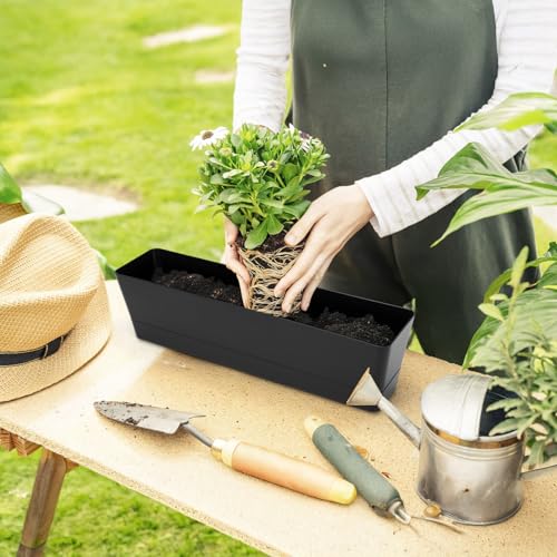 GREANER Rectangle Window Boxes, 6PCS 16x3.8 Inch Black Herb Planters with RemovableTray and Drainage Hole, Succulent Flowers Plastic Pot for Balcony, Office, Windowsill, Garden, Outdoor Decoration Use - size: 6Packs/16x3.8in