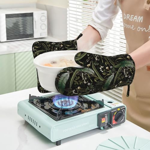 Mushrooms Oven Mitts and Pot Holders Sets Silicone Forest Plants Wild Berries Herbs Ferns Kitchen Oven Mitts Hot Pads Heat Resistant Potholders Kitchen Mitts Set for Baking BBQ Cooking - color: Black Green