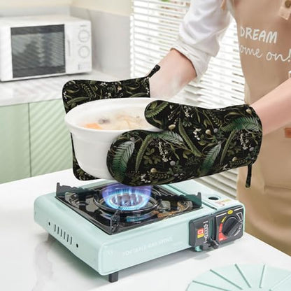 Mushrooms Oven Mitts and Pot Holders Sets Silicone Forest Plants Wild Berries Herbs Ferns Kitchen Oven Mitts Hot Pads Heat Resistant Potholders Kitchen Mitts Set for Baking BBQ Cooking - color: Black Green
