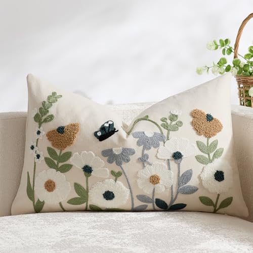 Floral Embroidered Spring Lumbar Pillow Cover 12x20 Summer Boho Cute Accent Decorative Throw Pillow Cover for Living Room Couch Bedroom Sofa Home Decor - color: Flower Butterfly, size: 20" x 12" (Pack of 1)