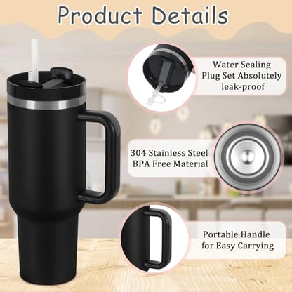 4 Pack 40 Oz Tumblers with Handle Bulk, Double Wall Vacuum Insulated Stainless Steel Tumblers with Lid and Straw, 40 oz Cups with Silicone Spill Proof Stopper Set (Black-2,White-2) - color: Black-2,White-2