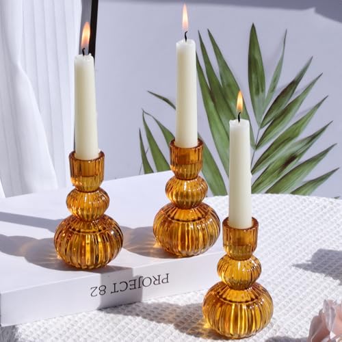 Woho Amber Taper Candle Holders 4.3" H for Halloween/Thanksgiving Decorations, Set of 3 Ribbed Glass Candlestick Holders Vintage for Fall Wedding, Boho Candle Sticks Holder Decor for Dining Table | Candle Sticks Holder Decor 4.3" H for Halloween/Thanksgiv