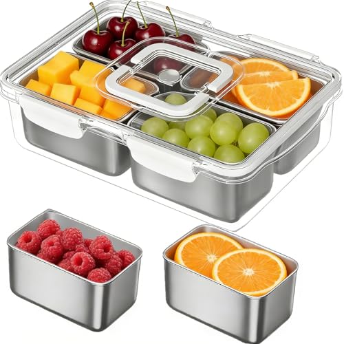 Snackle Box Container, Stainless Steel Divided Serving Tray with Lid and Handle, Large Snack Tray for Fruit Veggie Candy, 4-Compartment Snack Platter for Travel Party Beach Picnic - color: Silver, size: 4 Compartment (13.38"L x 9.25"W x 3.54"H)