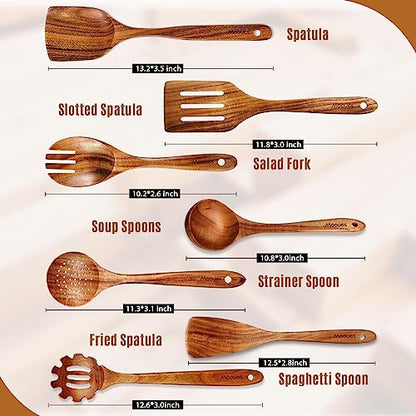 Mooues Wooden Kitchen Utensil Set, 12 Piece Natural Teak with Spoon Rest | Wooden Cooking Utensils with Comfort Grip, Smooth Durable Heat Resistant Cooking Spoons and Utensils Holder for Cooking - size: 7 PCS Set