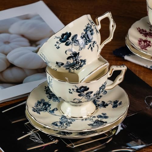 KAMMAK Tea Cups and Saucers Set of 2, 6.8 oz Porcelain Coffee Cups, 563N | Stackable Espresso Mugs, Ceramic Demitasse for Coffee, Cappuccino, Latte, Americano, Tea - size: 7KPSP563N