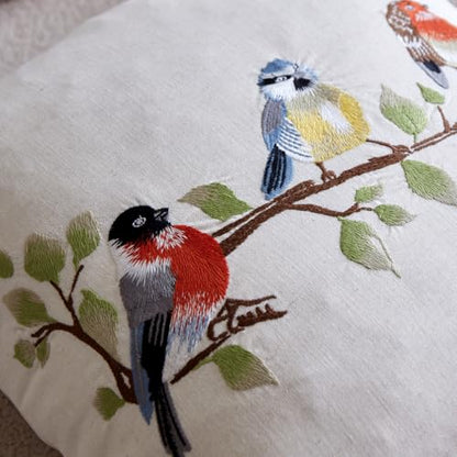 1PS Three Birds Branch Embroidery Craft Throw Pillow Cover, Natural Linen Fabric Decorative Cushion Cover, No Insert for Farmhouse Sofa Home Decor (Beige, 50x30cm) - size: 19.6" x 11.8" (Pack of 1)