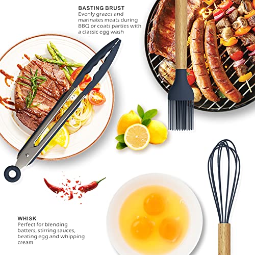 oannao Silicone Cooking Utensils Set - 446°F Heat Resistant Silicone Kitchen Utensils for Cooking,Kitchen Utensil Spatula Set w Wooden Handles, BPA FREE Gadgets for Non-Stick Cookware (Navy Blue) - color: Navy Blue