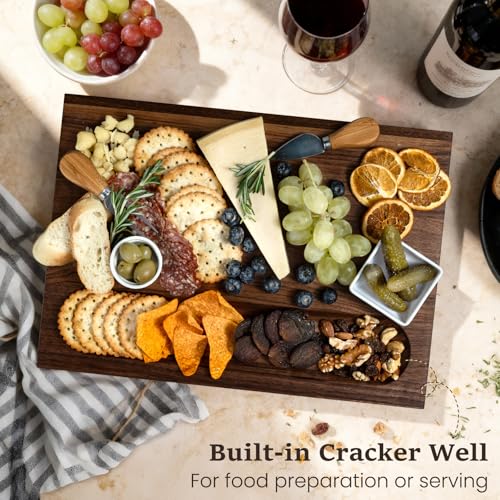 Empune Black Walnut Wood Cutting Boards for Kitchen Wooden Cutting Board with Handle, Chopping Board with Built-in Juice Groove & Well, Heavy-duty Charcuterie Board Butcher Block, 16.5x11.8x1.4 Inches - color: Black Walnut