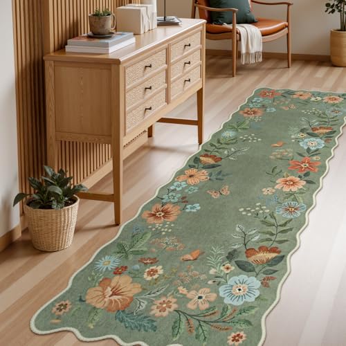 Lahome Floral Washable Runner, 2'6''x8' Soft Hallway Runner Rug Non Slip | Boho Ultra-Thin Kitchen Runners for Hallways with Rubber Backing Carpet for Laundry Bedroom Flore (Green) - color: Green, size: 2.6' x 8'(Runner)