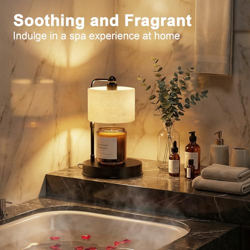 Candle Warmer lamp for 3 Wick Candles, Large Candle Warmer Lamp with Timer, Dimmable, Adjustable Height, Modern Farmhouse Linen Shade, Black Candle Warming Lamp, 2 Bulbs Included - color: Flaxen-Large