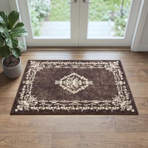 FlyDOIT Small Entryway Rug 2x3 Washable Area Rugs for Bathroom, Brown | Vintage Boho Distressed Door Mat, Non-Slip Soft Low Pile Indoor Entrance Floor Carpet for Kitchen College Dorm Office Decor - color: Brown, size: 2' x 3' (Rectangular)