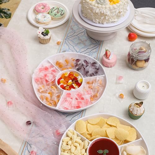 White Chip and Dip Serving Set, Divided Serving Platter Set, 4 Section Appetizers and Cheeses Serving Tray, Compartment Dishes for Party, Christmas, Dessert, Fruit, Candy, 13-inch, Set of 2 - color: White Round Divided Tray