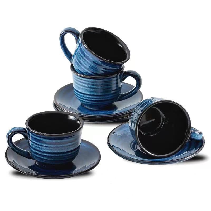 HASENSE Espresso Cups Set of 4, 4 Ounce Ceramic Cappuccino Cup with Saucers, Small Coffee Mugs for Espresso Shots, Cappuccino, Tea, Latte, Demitasse, Navy Blue - color: Navy Blue, size: 4oz - Set of 4
