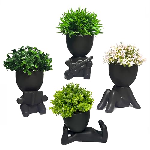 4 Packs Creative Fake Plants Artificial Succulents in Ceramic Human Shaped Pots – Funny Premium Ceramic Faux Succulent Pots for Home & Office Desk Decor, Perfect Humorous Gift Idea (4, Black) - color: Black