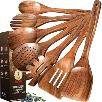 Kikcoin 7 PCS Durable Natural Teak Wooden Cooking Utensils Set, Non Toxic Wooden Spoons for Cooking, Wooden Utensil Set for Cooking with Comfort Grip, Nonstick & Easy to Clean Wood Kitchen Utensil Set - size: 7-Piece Set