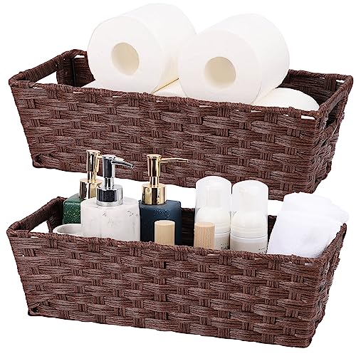 Onlytak Plastic Wicker Storage Baskets - Toilet Tank & Bathroom Baskets, Woven for Organizing, Brown, 15¾" x 6¾" x 4¾", 2-Pack - color: Brown, size: 15¾" x 6¾" x 4¾"