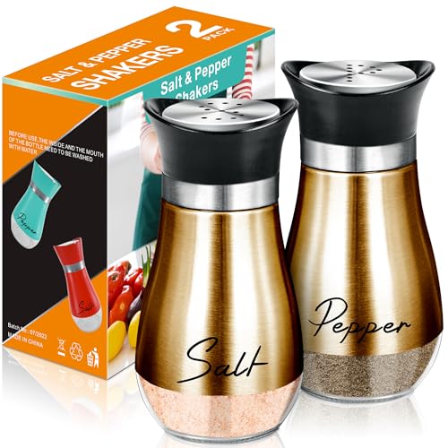 Salt and Pepper Shakers - 4 oz Copper Glass Set with Stainless Steel Lids | Refillable Glass Shakers with Stainless Steel Lids for Cooking, Dining, RV Trips, Camping and BBQs; 4 oz Capacity Each. - color: Copper