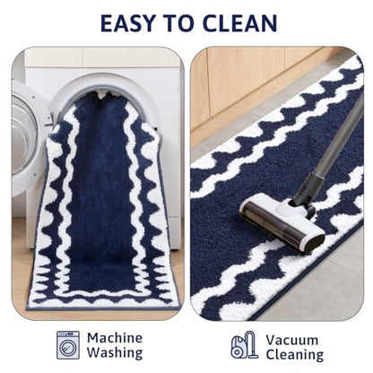 Findosom Bathroom Rugs Sets 3 Piece, Absorbent Soft Non-Slip Bath Rug Set | Washable Microfiber Shaggy Scalloped Bath Mat Set with Bathroom Runner Rug, U-Shaped Toilet Rugs, Shower Rug, Navy - color: Navy & White, size: 18"x26"+18"x48"+U 20"x24"