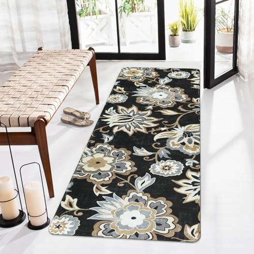 Lahome Floral 2x5 Washable Rug Runner - Black Entryway Kitchen Runner Rug Non-Slip Ultra-Thin Stain Resistant, Paisley Print Accent Carpet for Hallway Bedroom Laundry Living Room | Non-Slip Ultra-Thin Stain Resistant Paisley Print Accent Carpet for Hallwa