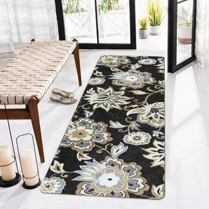 Lahome Floral 2x5 Washable Rug Runner - Black Entryway Kitchen Runner Rug Non-Slip Ultra-Thin Stain Resistant, Paisley Print Accent Carpet for Hallway Bedroom Laundry Living Room | Non-Slip Ultra-Thin Stain Resistant Paisley Print Accent Carpet for Hallwa