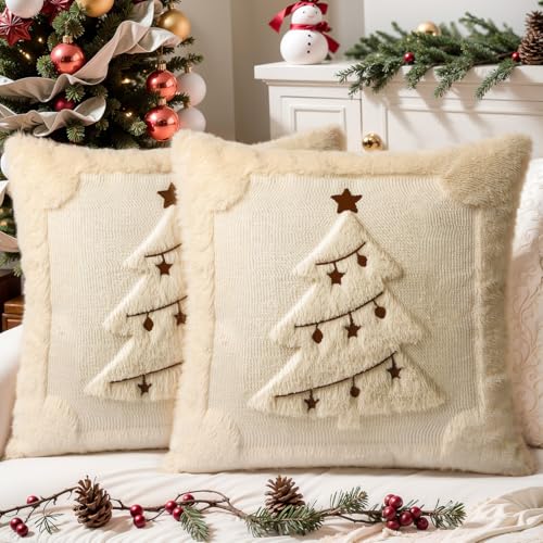 Faux Fur Christmas Pillow Covers 18x18 Set of 2 | Beige Tree Soft Plush Farmhouse Decorative Cushion Case for Couch Christmas Home Decor - color: Beige Embroidered Tree, size: 18" x 18" (Pack of 2)