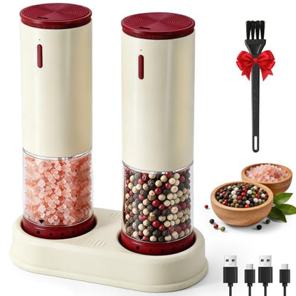Electric Salt and Pepper Grinder Set Automatic Rechargeable for Mom-2 PCS | Salt and Pepper Shakers Kitchen Appliances with Storage Base External Adjustable Coarseness & Upgraded Large Capacity Gifts