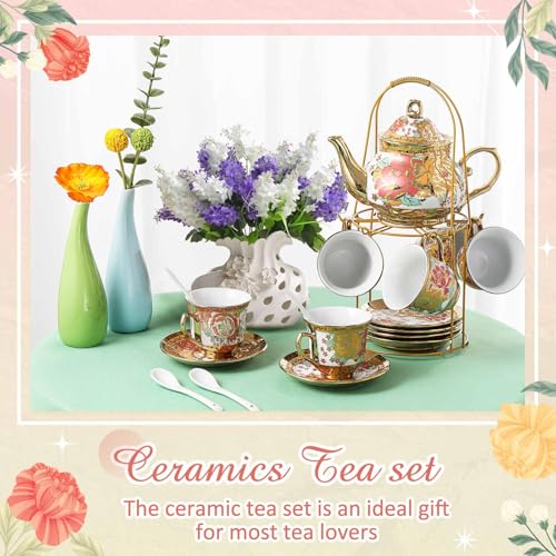 Zhehao 20 Pcs Porcelain Tea Set with Metal Holder and Spoon Adult Ceramic Tea Set European Flower Painting Teapot Cup Saucer Spoon for Women Mom Gift, Large Version (Stylish Style) - color: Stylish Style