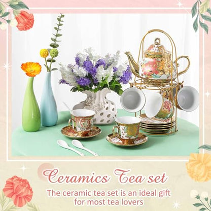 Zhehao 20 Pcs Porcelain Tea Set with Metal Holder and Spoon Adult Ceramic Tea Set European Flower Painting Teapot Cup Saucer Spoon for Women Mom Gift, Large Version (Stylish Style) - color: Stylish Style