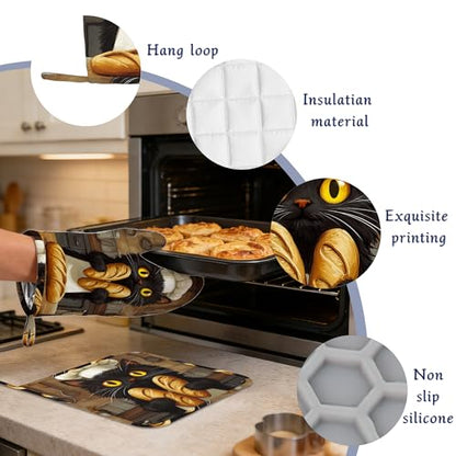 Funny Black Cat Oven Mitts and Pot Holders Chef Bread Silicone Kitchen Accessories Set of 4 Heat Resistant Non-Slip Long Gloves Potholder for Chef Cooking Baking Gifts Women Men - color: Funny Black Cat,chef Bread