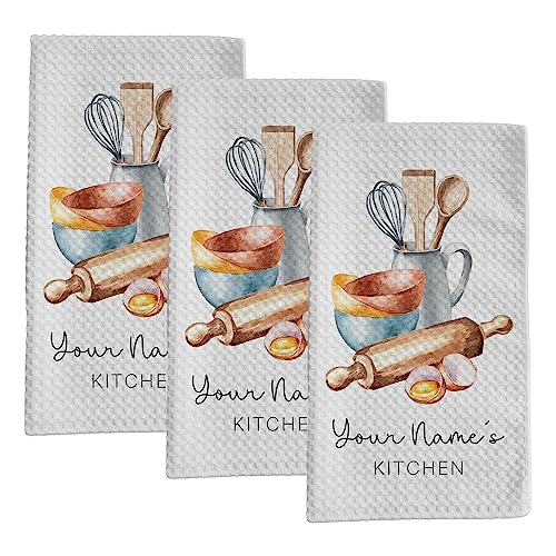 Personalized Kitchen Towel | Custom Tea Towel | Watercolor Utensil Dish Towel | Kitchen Decor | Hand Towel Gift Set | Waffle Weave Dishcloth (Pack of 3 Towels, Design 2) - size: Pack of 3 Towels, style: Design 2