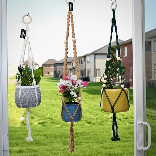 Macrame Plant Hangers Set of 3 – Handmade Indoor/Outdoor Hanging Planters in Yellow, Green, and Ivory, 35, 33, and 29 Inches, Boho Decor for Pots up to 9 Inches (Pots Not Included)