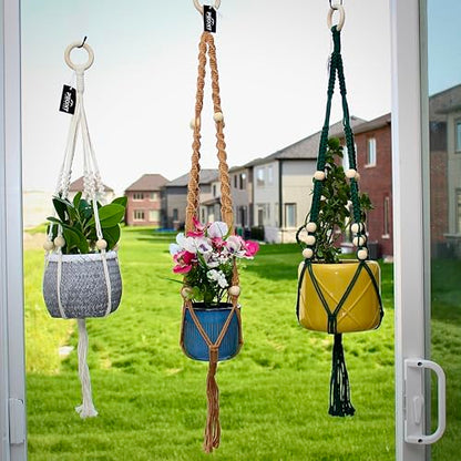 Macrame Plant Hangers Set of 3 – Handmade Indoor/Outdoor Hanging Planters in Yellow, Green, and Ivory, 35, 33, and 29 Inches, Boho Decor for Pots up to 9 Inches (Pots Not Included)