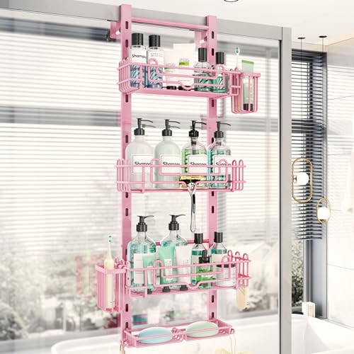 HapiRm Hanging Shower Caddy Organizer - Shower Shelf with 22 Hooks and 2 Toothbrush Holders, No Drilling Adjustable Hanging Bathroom Organizer - Pink - color: Pink, size: 4-tier