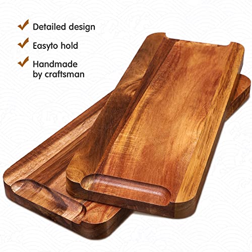Roowest 8 Pcs Solid Acacia Wood Serving Tray 14'' x 5.5'' Rectangular Wooden Serving Platter Long Cheese Charcuterie Boards with Edges Wood Boards for Food Vegetable Appetizer Party Decor