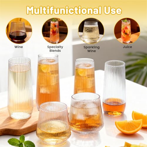 24 Pack Disposable Ribbed Origami Ripple Plastic Champagne Glasses Set | 9OZ Stemless Champagne Flutes and 12OZ Cups, BPA-Free Shatterproof Clear Disposable Cocktail Glasses for Party, Wedding