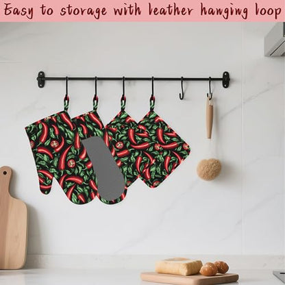 Red Chili Peppers Silicone Oven Mitts and Pot Holders,Heat-Resistant 4 Piece Kitchen Set Non-Slip Oven Gloves and Hot Pads for Cooking, Baking, Grilling,BBQ - color: Red Chili Peppers