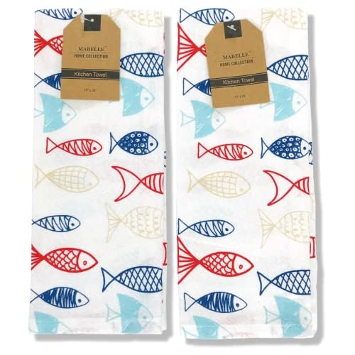 Summer Kitchen Dish Towel Set: Two Colorful School of Fish Design and One Time Wasted, Set of 3 (Fish) - color: Fish Seas