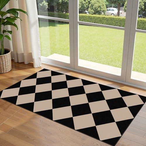Front Door Mat Indoor Entrance - 2x4.3 Ft Black Tan Non-Slip Washable Outdoor Porch Rug Doormats Geometric Checkered Diamond Layered Rug for Front Door Kitchen Hallway Bedroom Laundry Room - color: Diamond - Black / Tan, size: 2' x 4'3" (Rectangular)
