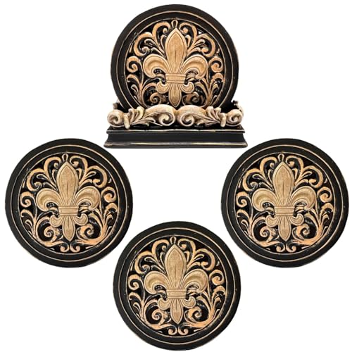 BestGiftEver Fleur De Lis Carved Scrolls 4 Coasters Set Kitchen Decoration | Rustic Western Farmhouse Decor Cup Mats, Coffee Table Drink Protection, New Apartment Accessory, Housewarming Gift for Women