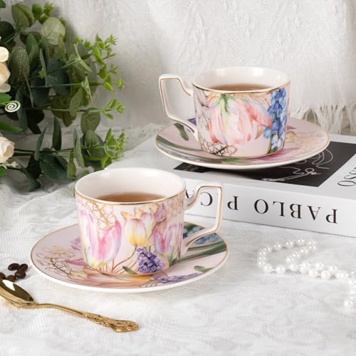 KAMMAK Tea Cups and Saucers Set of 2, Porcelain Coffee Cups, NX022 | Gold Rim, Stackable Espresso Mugs, Ceramic Demitasse for Coffee, Latte, Americano, Afternoon Tea, Elegant Gift for Women - size: 8CZNX022