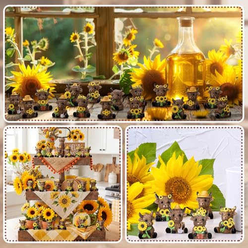Yaomiao 60 Pcs Mini Highland Cow Figurines Resin Sunflower Highland Cow Figurines Cute Miniature Resin Gift Statue Decorations for Office Garden Desk Tabletop Festive Party Home Kitchen Tiered Tray - style: Sunflower