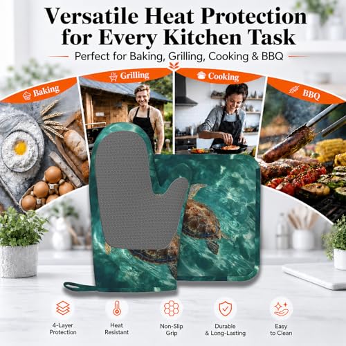 Sea Turtles Ocean Oven Mitts and Pot Holders Sets Silicone Heat Resistant Kitchen Oven Gloves Pot Holder for Cooking Baking Grilling BBQ - color: Sea Turtles Ocean