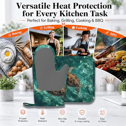 Sea Turtles Ocean Oven Mitts and Pot Holders Sets Silicone Heat Resistant Kitchen Oven Gloves Pot Holder for Cooking Baking Grilling BBQ - color: Sea Turtles Ocean