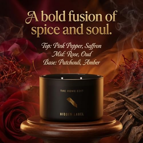 Hidden Label Black Oud Pepper Soy Candle, 10oz 2-Wick, 45H Bold Spice | Strong Masculine Aromatherapy | Non-Toxic Phthalate-Free | Even Melt No Tunneling | Luxe Reusable Glass Gift - color: Black oud